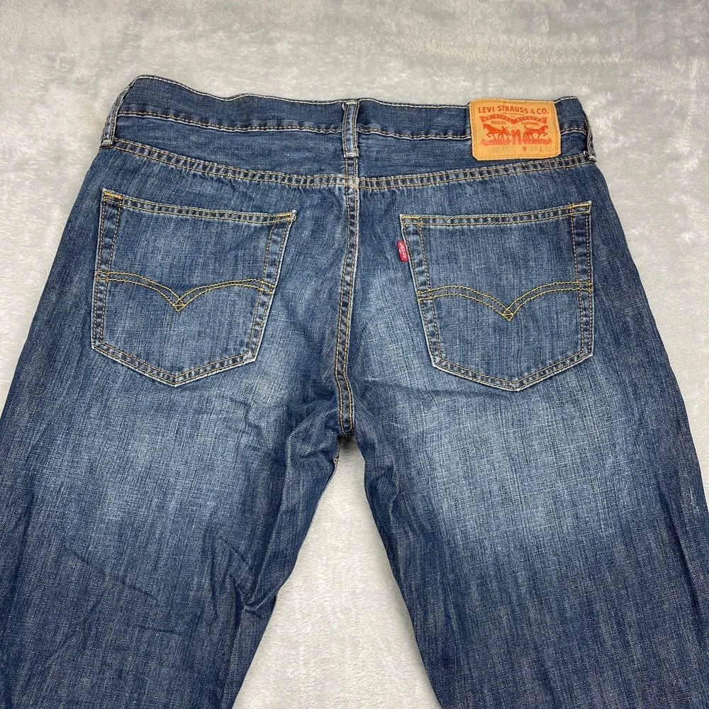Levi's Jeans Mens 34x32 Blue Denim 527 Whiskered Faded Low Rise Slim Bootcut Leg